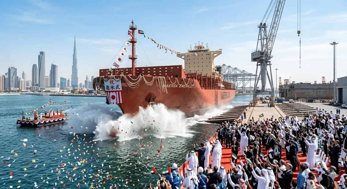 進水式・MAERSK EMERALDが海に突入する瞬間