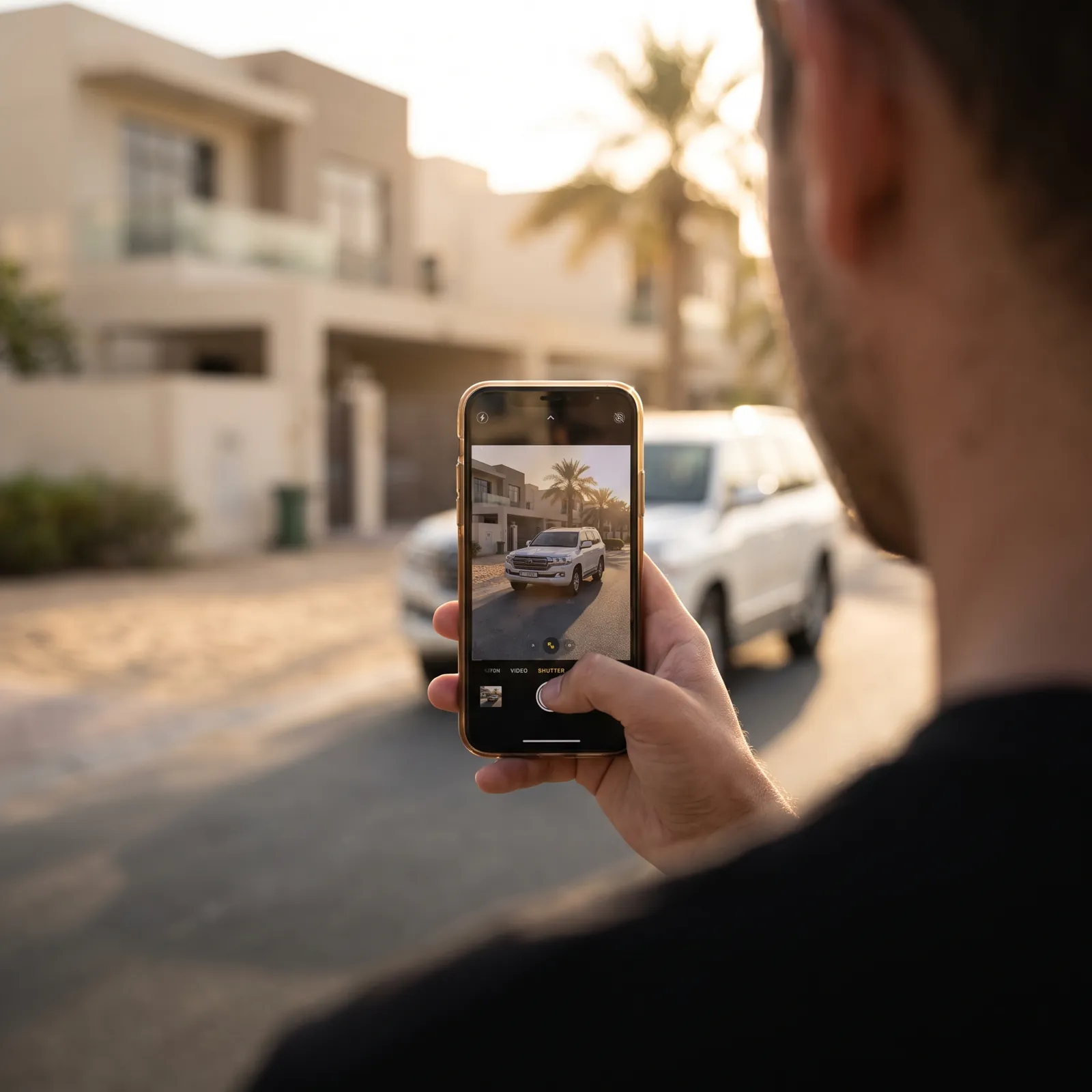 スマホで売却する車の写真を撮る手元