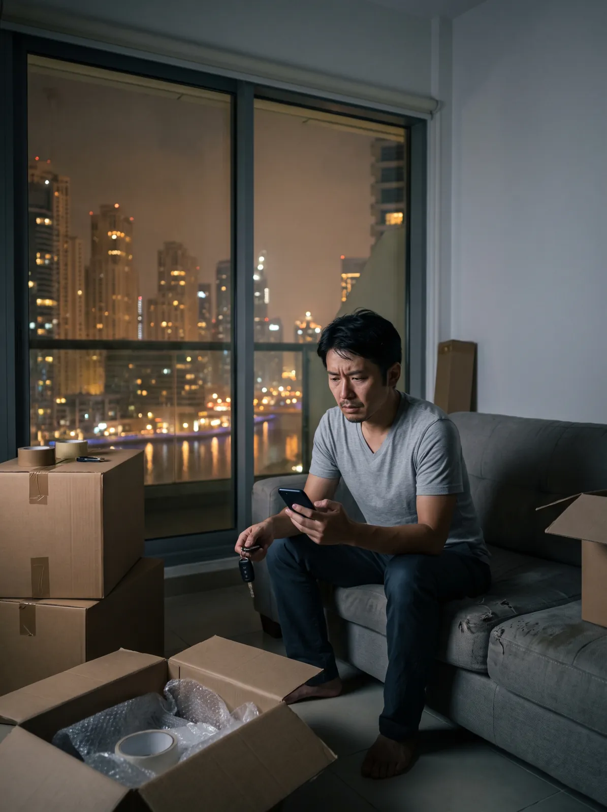 帰国準備中の部屋で、車の鍵とスマホを手に悩む男性